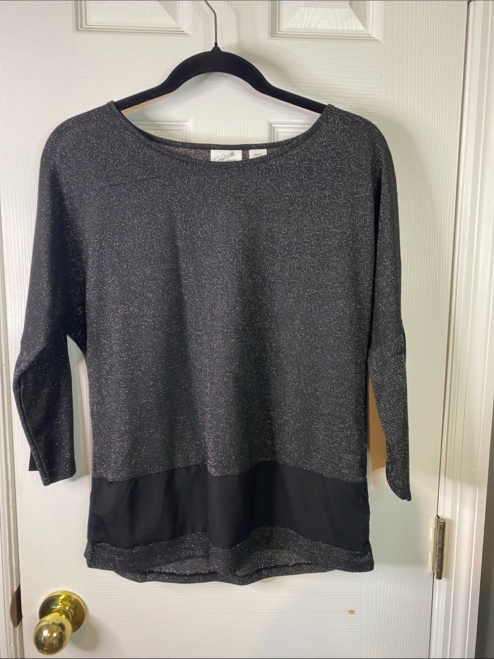 Jaclyn Smith Women's Sparkle Knit Top with Sheer Hem - Black Size Small.